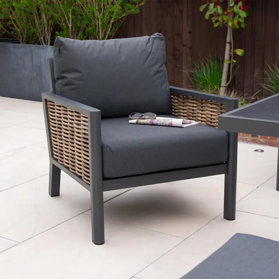 Caleb 3 Seater Rattan Aluminium Dining Set - 2 Armchairs & Bench - Adjustable Rising Dark Grey Table