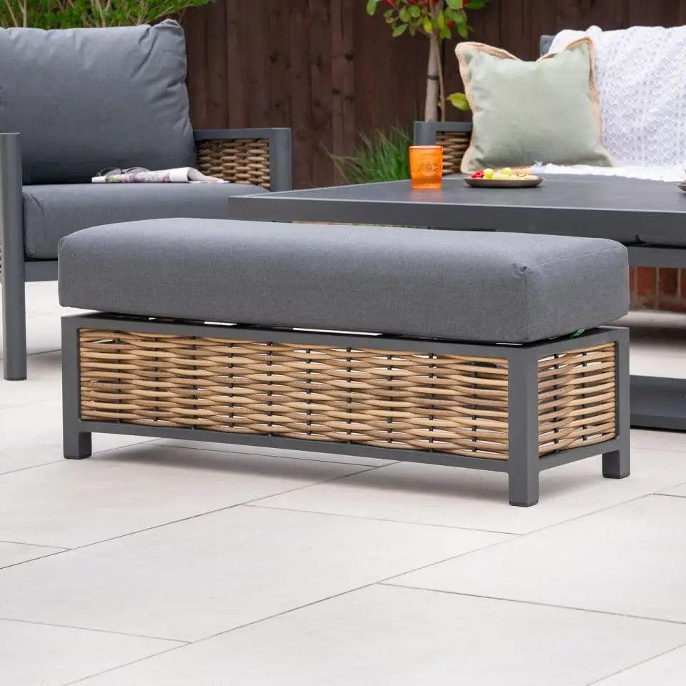 Caleb 3 Seater Rattan Aluminium Dining Set - 2 Armchairs & Bench - Adjustable Rising Dark Grey Table