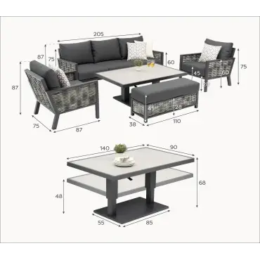 Caleb 3 Seater Rattan Aluminium Dining Set - 2 Armchairs & Bench - Adjustable Rising Dark Grey Table