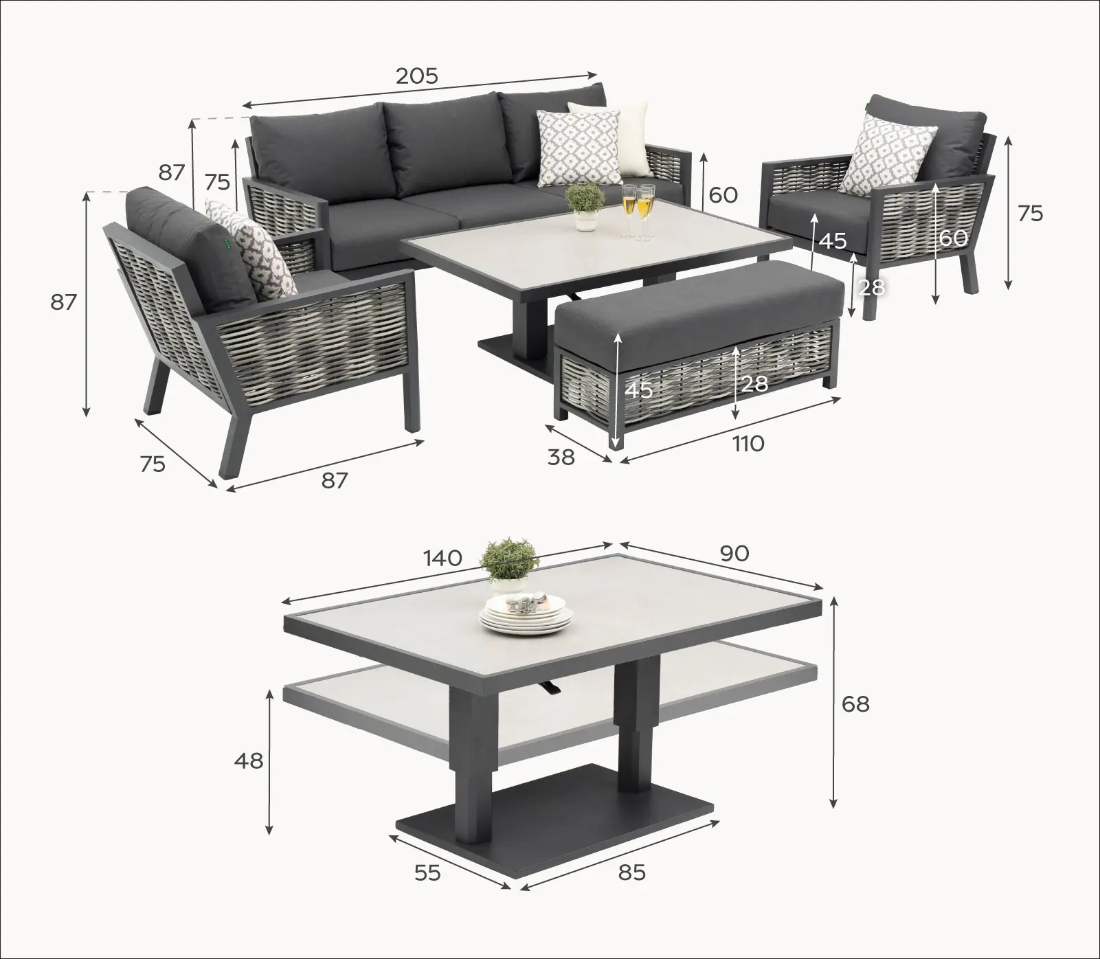 Caleb 3 Seater Rattan Aluminium Dining Set - 2 Armchairs & Bench - Adjustable Rising Dark Grey Table