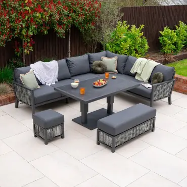 Caleb Corner Rattan Aluminium Lounge Dining Set With Bench & Stool & Adjustable Rising Table