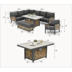 Caleb Corner Rattan Aluminium Dining Set with Armchair & Bench - Gas Fire Pit Table