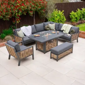Caleb Corner Rattan Aluminium Dining Set with Armchair & Bench - Gas Fire Pit Table