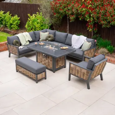 Caleb Corner Rattan Aluminium Dining Set with Armchair & Bench - Gas Fire Pit Table