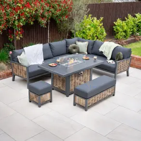Caleb Corner Rattan Aluminium Dining Set with Bench & Stool - Gas Fire Pit Table