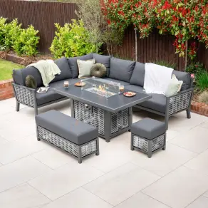 Caleb Corner Rattan Aluminium Dining Set with Bench & Stool - Gas Fire Pit Table