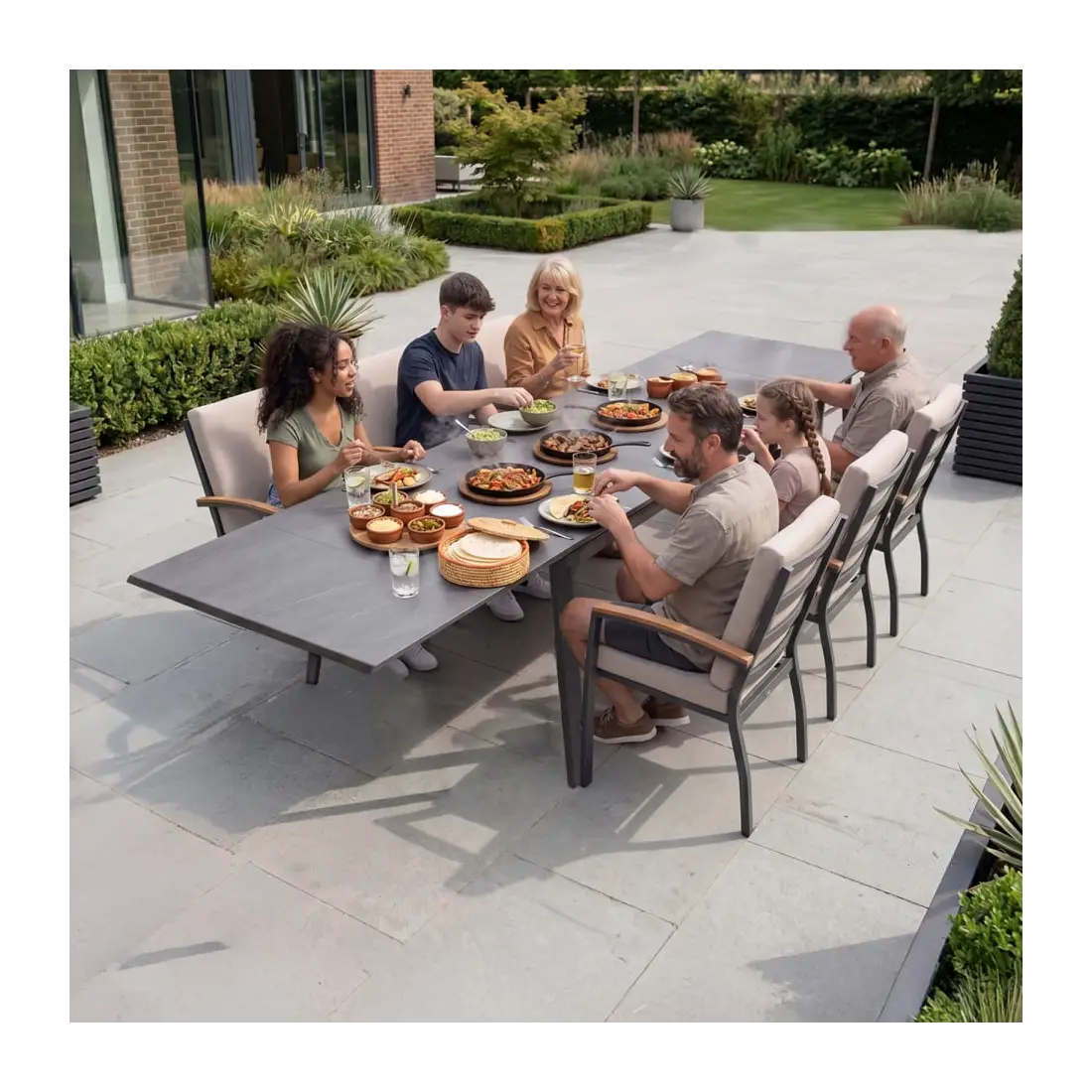 Leah 6-12 Seat Aluminium Dining Set - Rectangular Extending Table with 6 Chairs