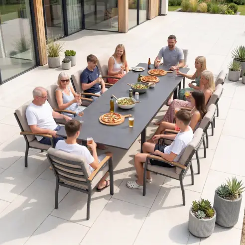 Leah 10-12 Seat Aluminium Dining Set - Rectangular Extending Table with 10 Chairs