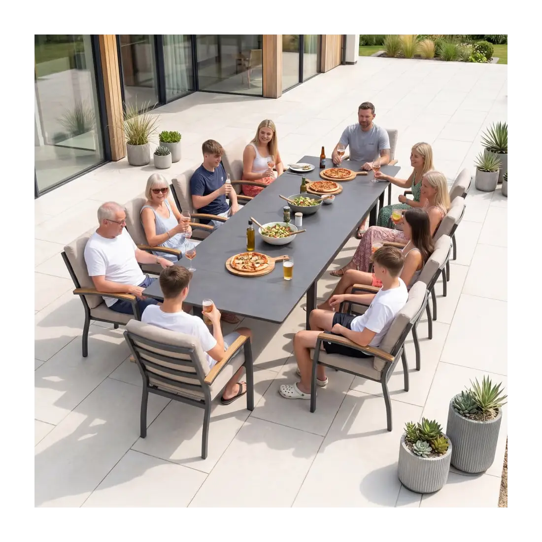 Leah 10-12 Seat Aluminium Dining Set - Rectangular Extending Table with 10 Chairs