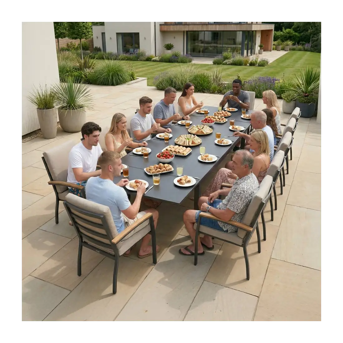 Leah 6-12 Seat Aluminium Dining Set - Rectangular Extending Table with 12 Chairs