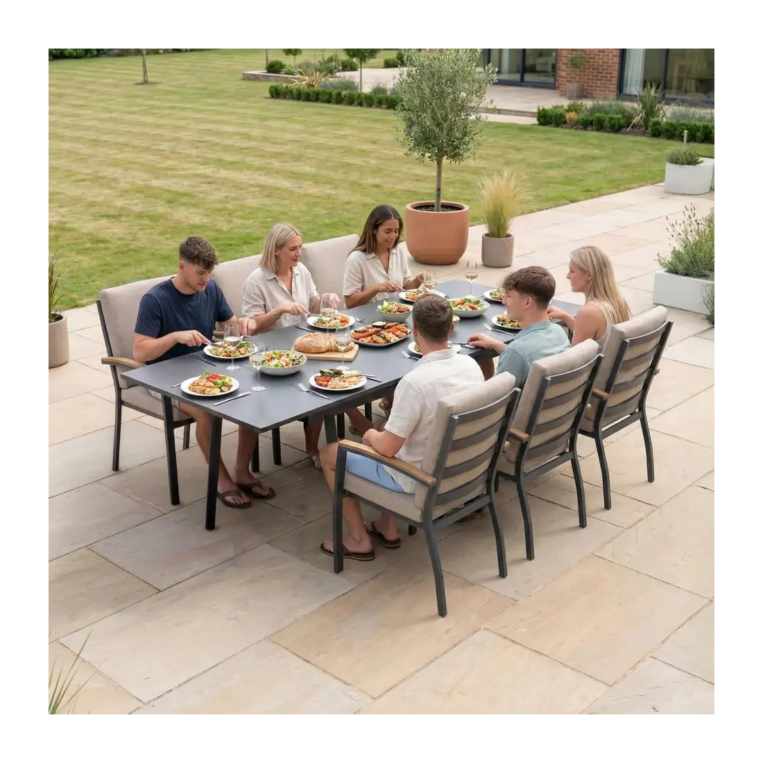 Leah 4-10 Seat Aluminium Dining Set - Rectangular Extending Table with 6 Chairs
