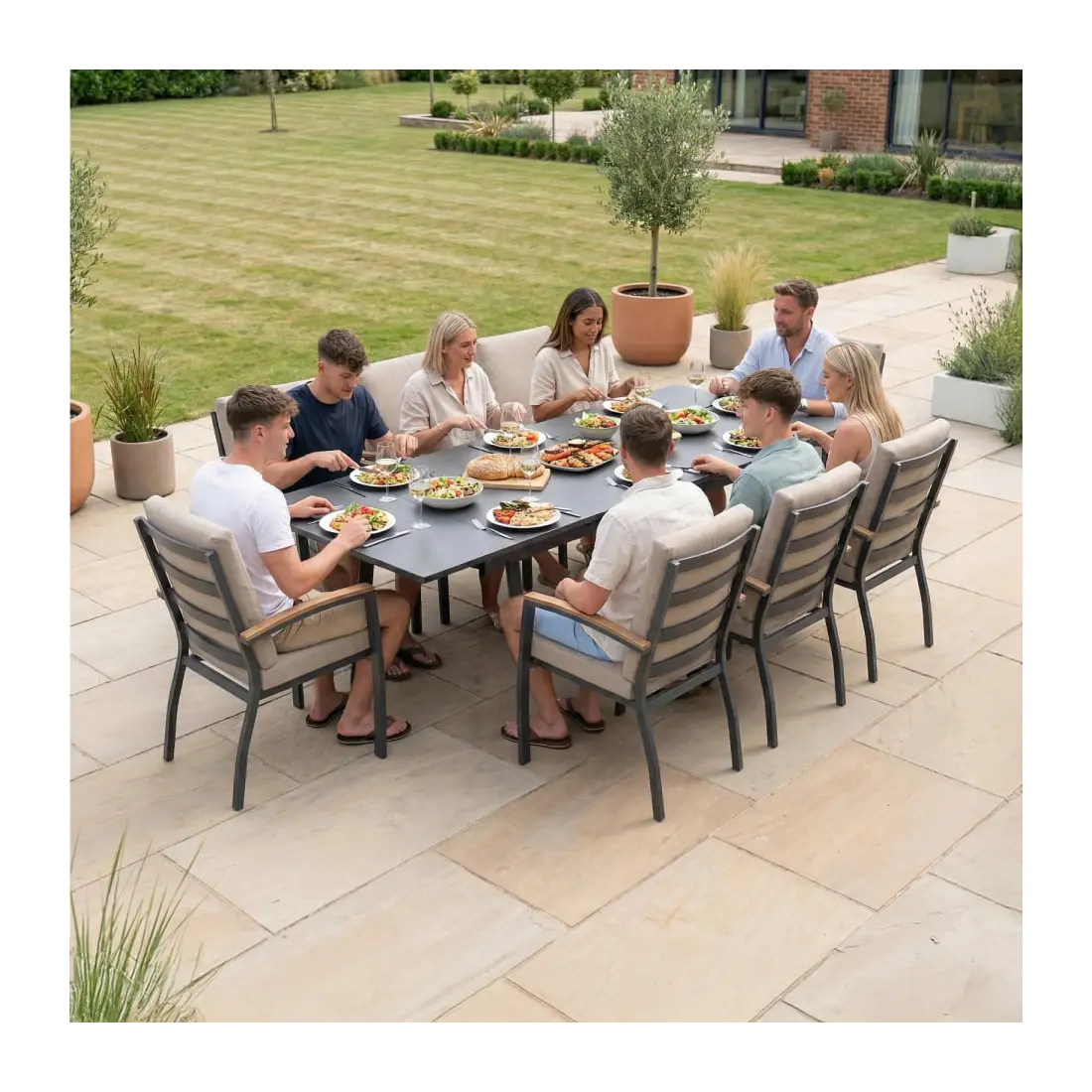 Leah 4-10 Seat Aluminium Dining Set - Rectangular Extending Table with 8 Chairs