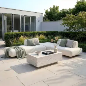 Fabric Cannes Small Corner Sofa Set - Rectangular Marble Effect Coffee Table