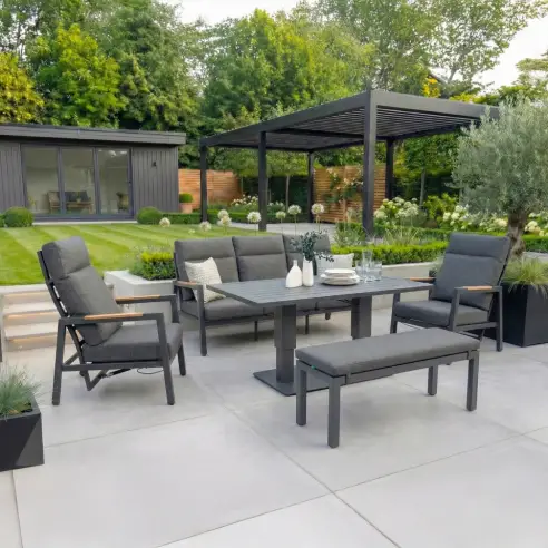 Juno 3 Seater Aluminium Wood Effect Reclining Lounge Dining Set with 2 Armchairs and Bench Juno 3 Seater Aluminium Wood Effect Reclining Lounge Dining Set with 2 Armchairs and Bench