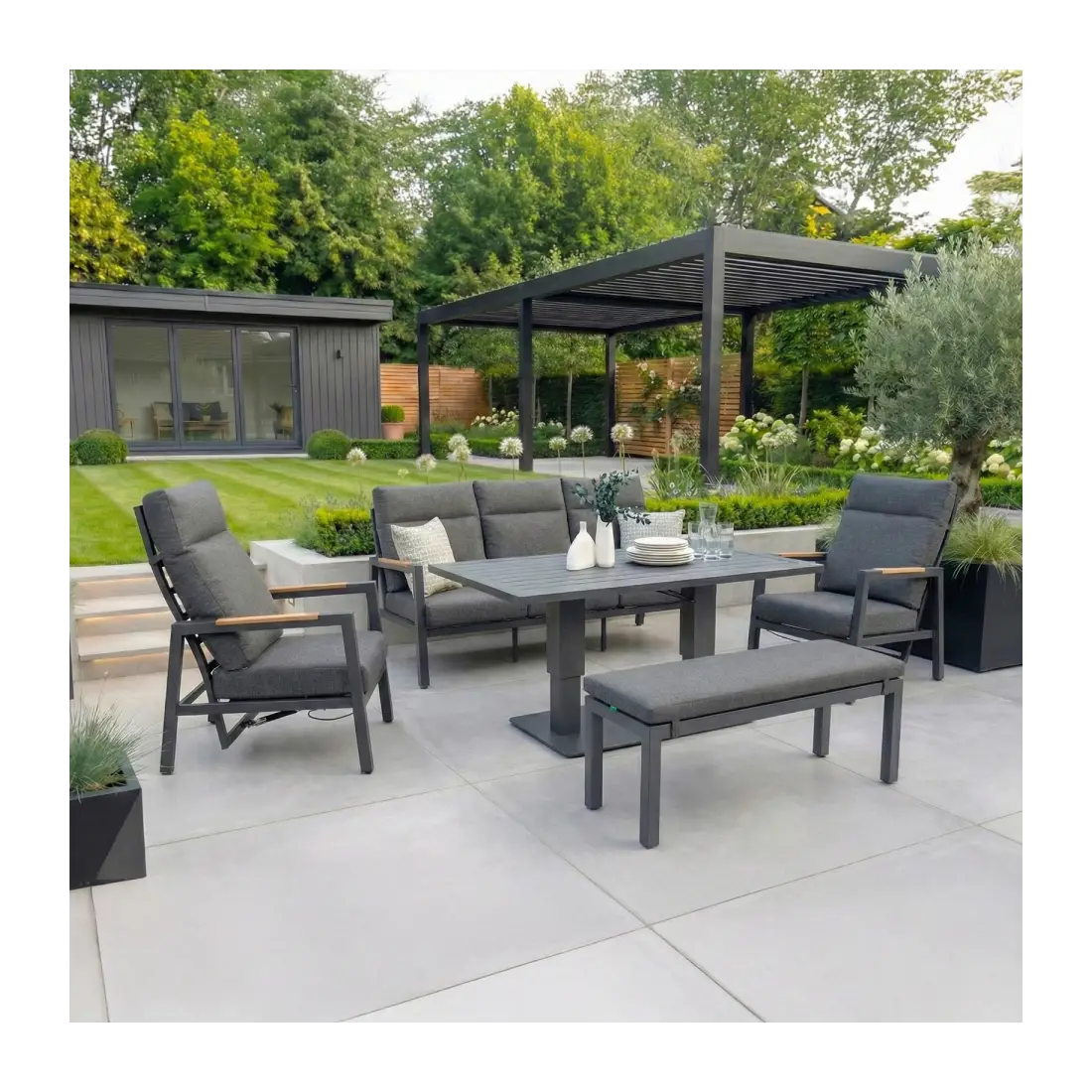 Juno 3 Seater Aluminium Wood Effect Reclining Lounge Dining Set with 2 Armchairs and Bench Juno 3 Seater Aluminium Wood Effect Reclining Lounge Dining Set with 2 Armchairs and Bench