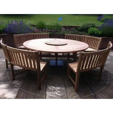 Chunky 210cm dia teak table with contour benches & parasol
