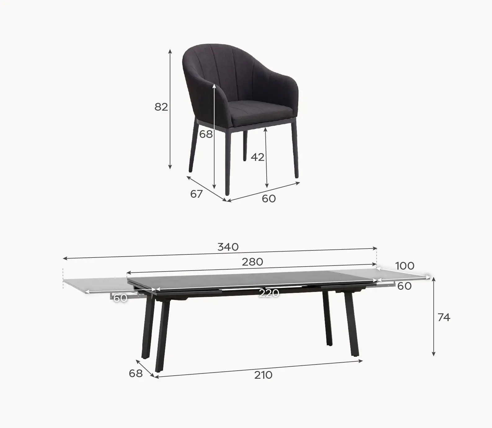 Duke 12 Seat Fabric Aluminium Dining Set - Extending Table with 12