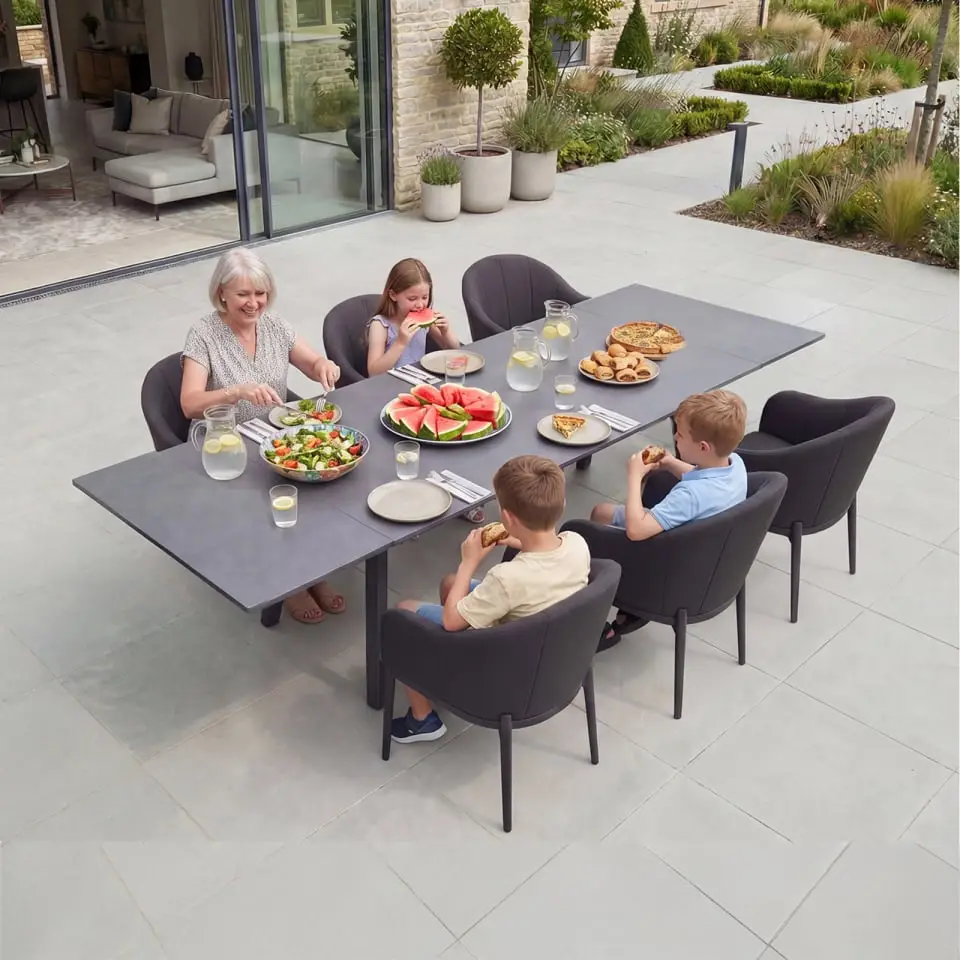 Duke 6-12 Seat Fabric Dining Set - Rectangular Extending Table with 6 Chairs