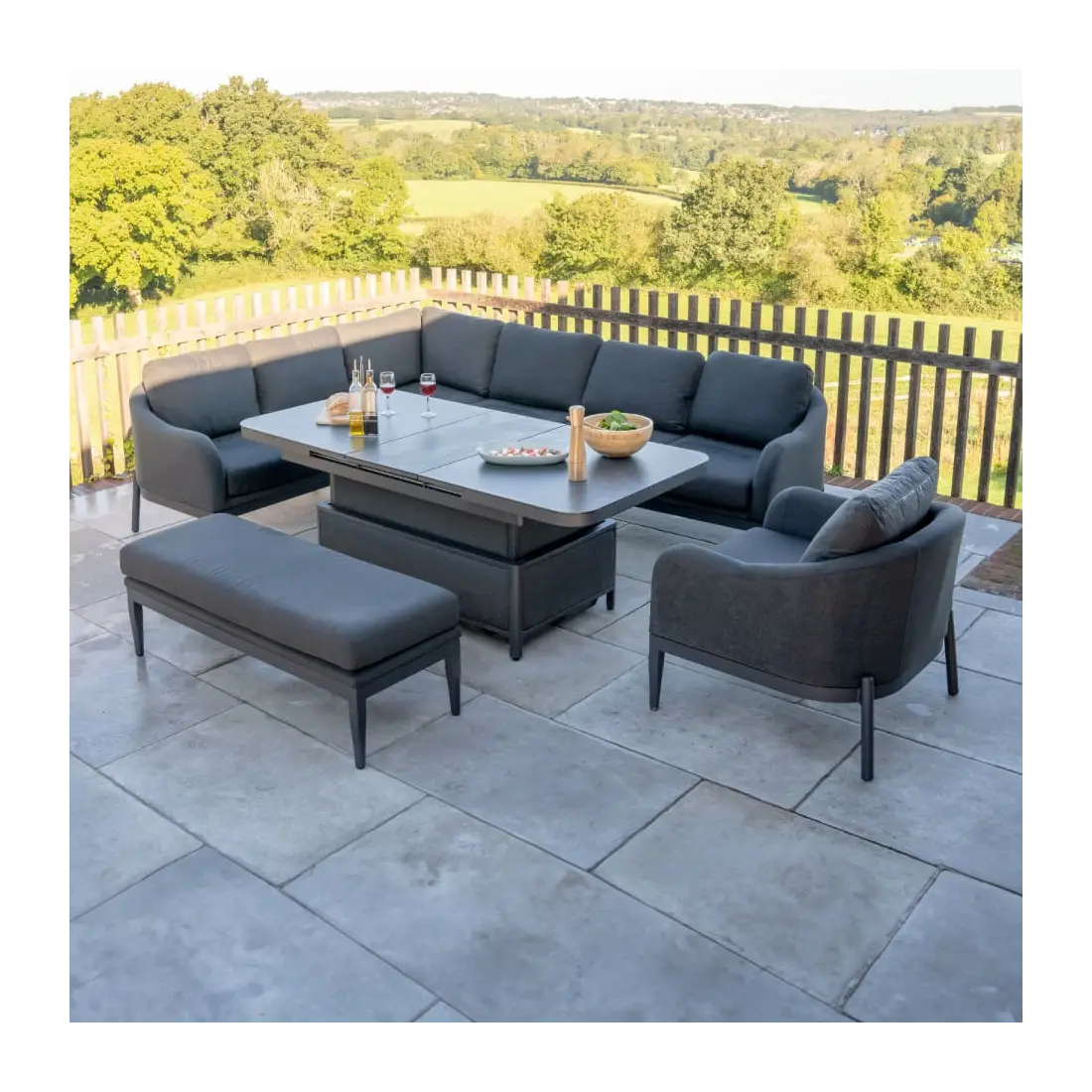 Duke Corner Fabric Dining Set with Armchair & Bench - Rising Extending Table Duke Corner Fabric Dining Set with Armchair & Bench - Rising Extending Table