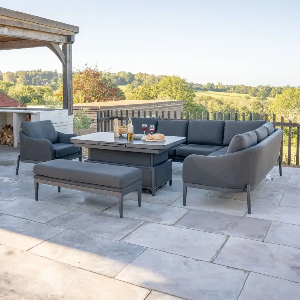 Duke Corner Fabric Dining Set with Armchair & Bench - Rising Extending Table