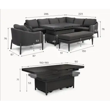Duke Corner Fabric Dining Set with Armchair & Bench -  Rising Extending Table