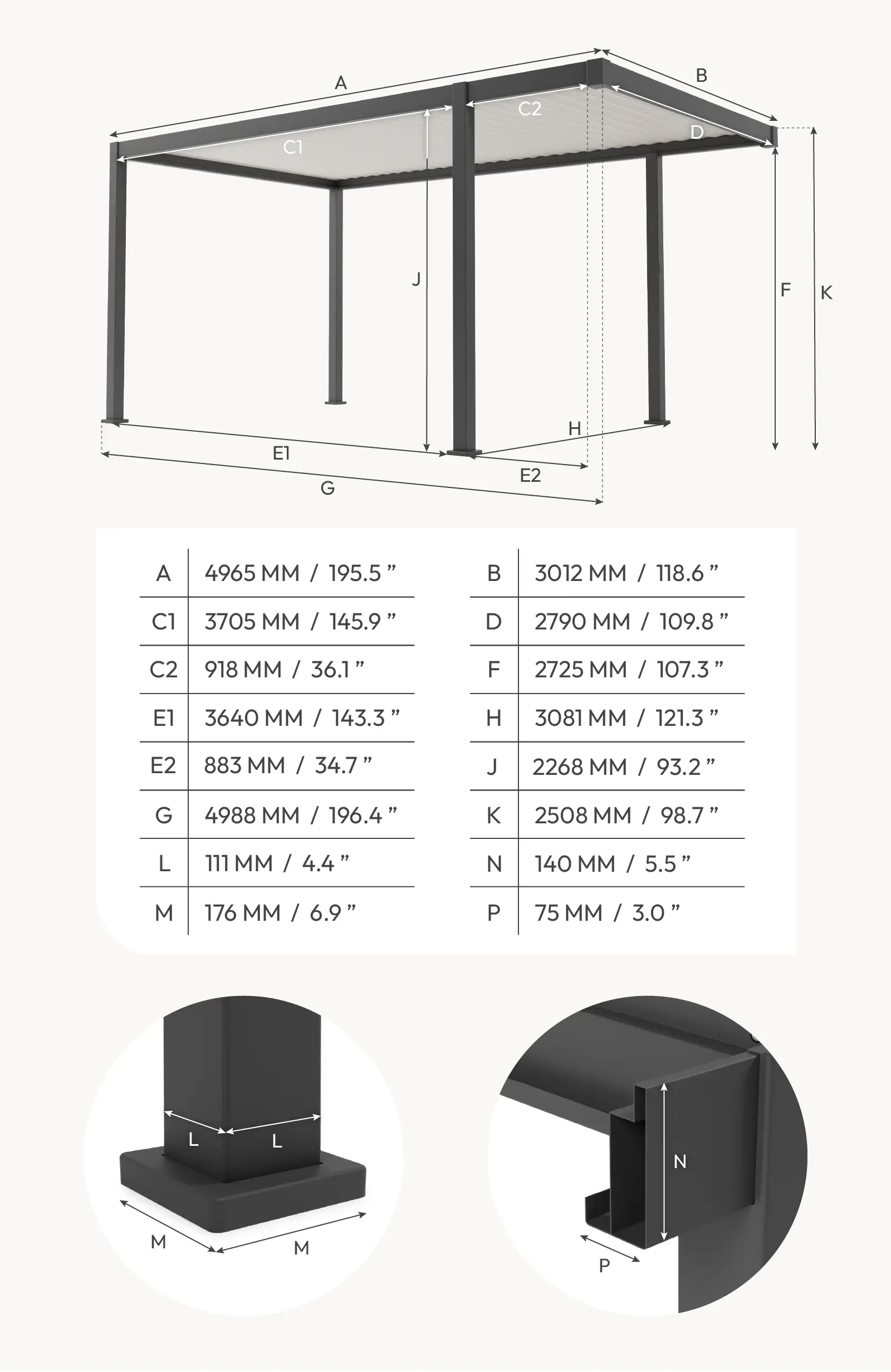 Umbra Aluminium Metal Fixed Roof Carport - 5m x 3m Free Standing with Awning