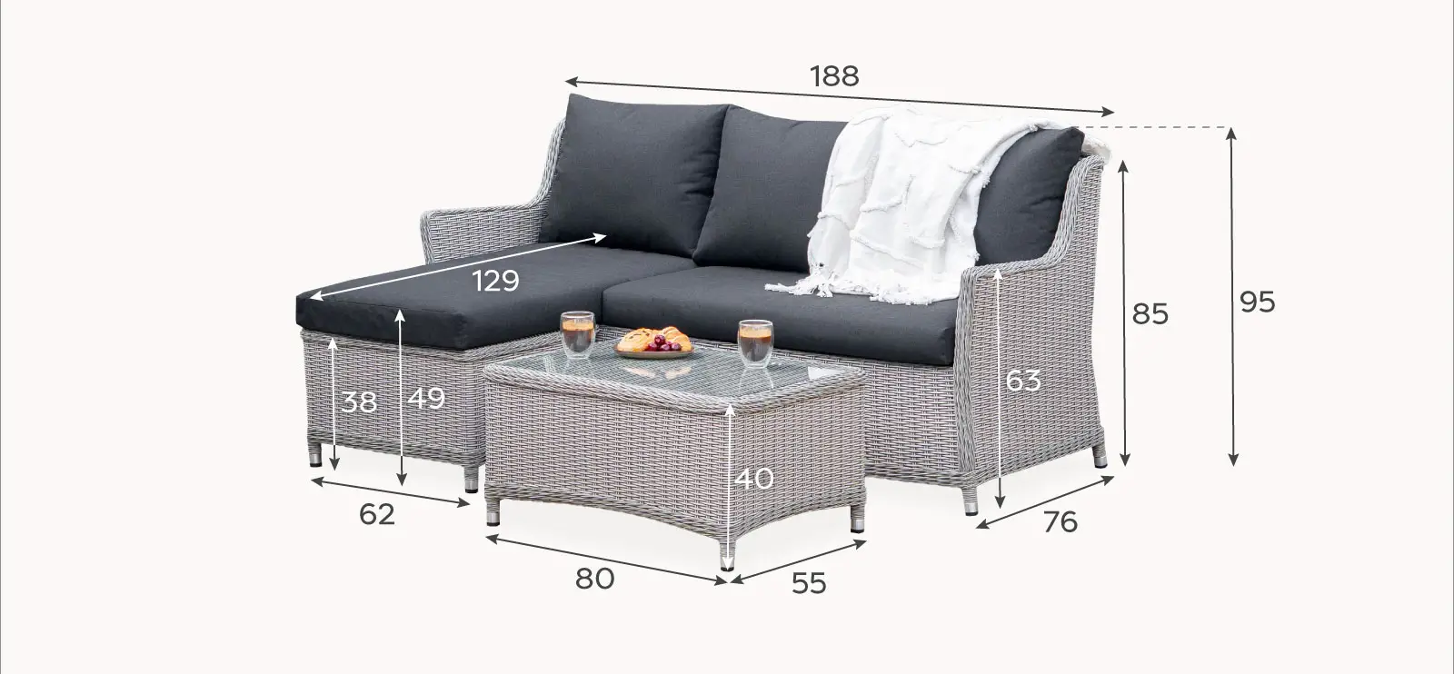 Talia Rattan 3 Seater Chaise Sofa Lounging Set