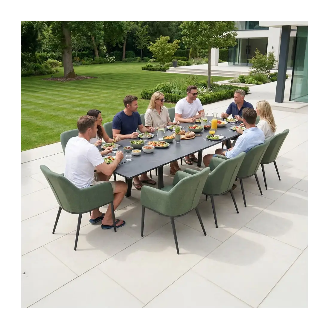 Ally 4-10 Seat Fabric Dining Set - Rectangular Extending Table in Green Ally 4-10 Seat Fabric Dining Set - Rectangular Extending Table in Green