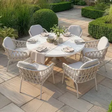 Antigua 6 Seat Round Dining Set - Sicily Open Rope Weave Dining Chairs