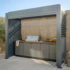 Eden Aluminium BBQ Shelter 3m x 1.4m Pergola - 2 Louvre Panels & Privacy Blind