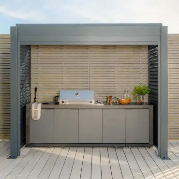Eden Aluminium BBQ Shelter 3m x 1.4m Pergola - 2 Louvre Panels & Privacy Blind