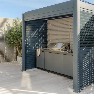 Eden Aluminium BBQ Shelter 3m x 1.4m Pergola - 2 Louvre Panels & Privacy Blind