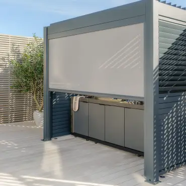 Eden Aluminium BBQ Shelter 3m x 1.4m Pergola - 2 Louvre Panels & Privacy Blind