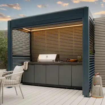 Eden Aluminium BBQ Shelter 3m x 1.4m Pergola - 2 Louvre Panels & Privacy Blind