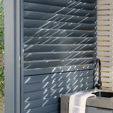 Eden Aluminium BBQ Shelter 3m x 1.4m Pergola - 2 Louvre Panels & Privacy Blind