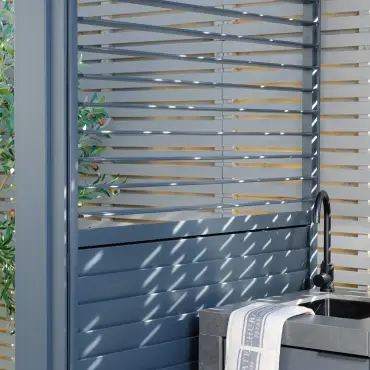 Eden Aluminium BBQ Shelter 3m x 1.4m Pergola - 2 Louvre Panels & Privacy Blind