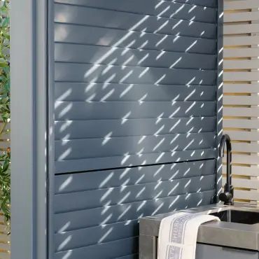 Eden Aluminium BBQ Shelter 3m x 1.4m Pergola - 2 Louvre Panels & Privacy Blind