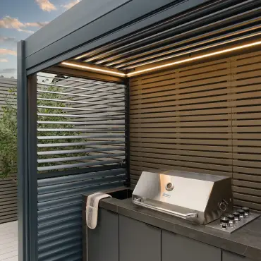 Eden Aluminium BBQ Shelter 3m x 1.4m Pergola - 2 Louvre Panels & Privacy Blind