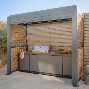 Eden Aluminium BBQ Shelter 3m x 1.4m Pergola - 2 Louvre Panels & Privacy Blind