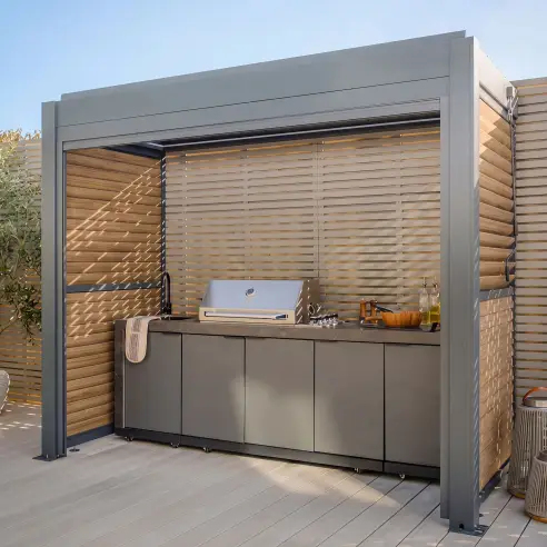 Eden Aluminium BBQ Shelter 3m x 1.4m Pergola - 2 Louvre Panels & Privacy Blind