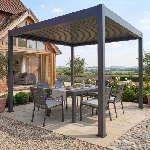 Jupiter 3m x 3m Aluminium Pergola Frame & Manual Operated Galvanised Steel Roof Louvres Jupiter 3m x 3m Aluminium Pergola Frame & Manual Operated Galvanised Steel Roof Louvres