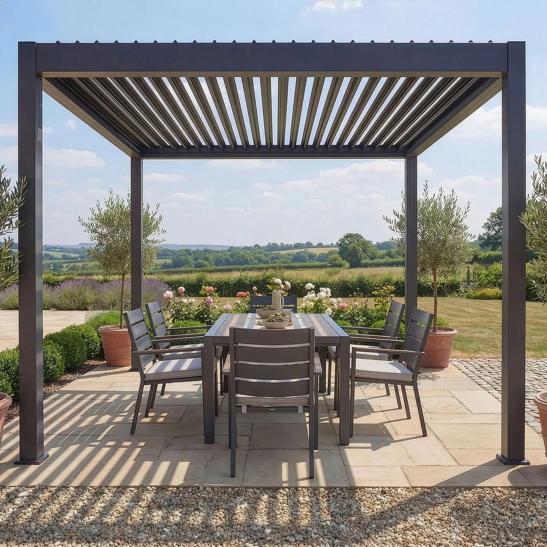Jupiter 3m x 3m Aluminium Pergola Frame & Manual Operated Galvanised Steel Roof Louvres
