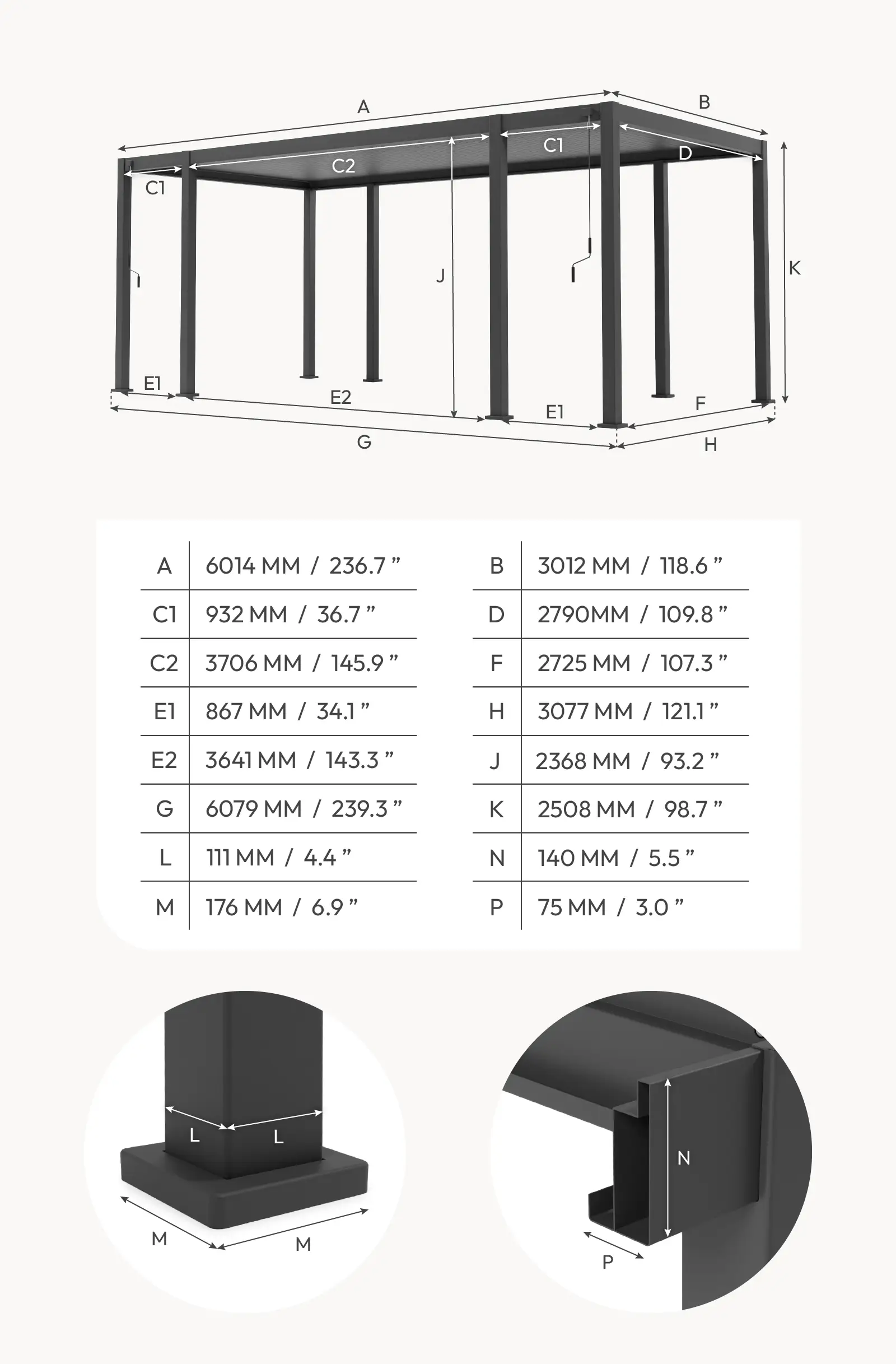 Titan Aluminium Metal Pergola - 6m (1+4+1m) x 3m Free Standing