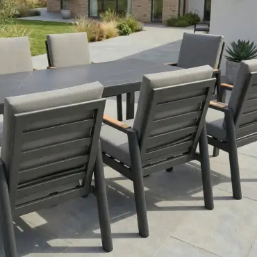 Isaac 8 Seat Aluminium Wood Dining Set with 2 Reclining Chairs