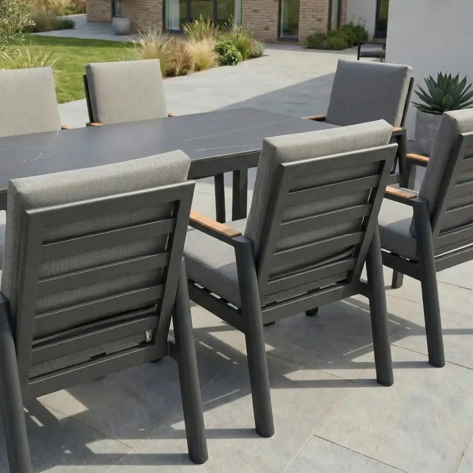 Isaac 8 Seat Aluminium Wood Dining Set with 2 Reclining Chairs