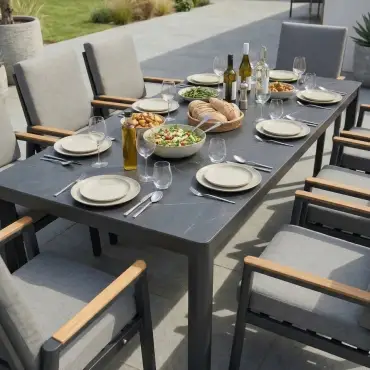 Isaac 8 Seat Aluminium Wood Dining Set with 2 Reclining Chairs