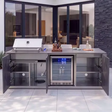 Outdoor Kitchen Island & Bar - 4 Burner Gas Grill, Fridge & Storage Units