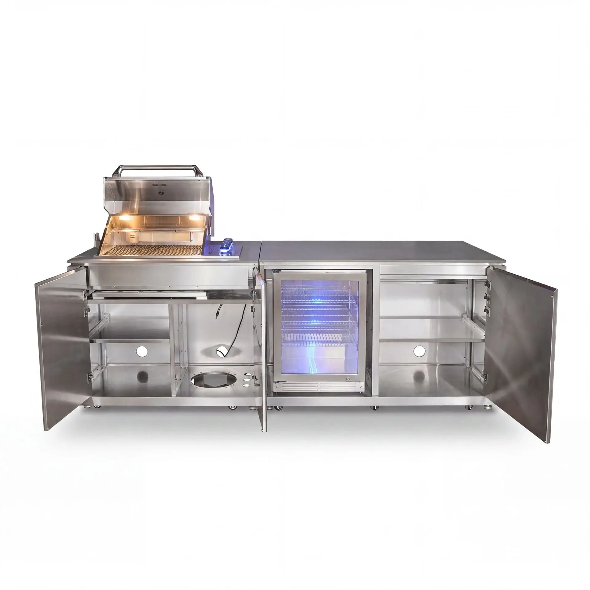 Outdoor Kitchen Island & Bar - 4 Burner Gas Grill, Fridge & Storage Units