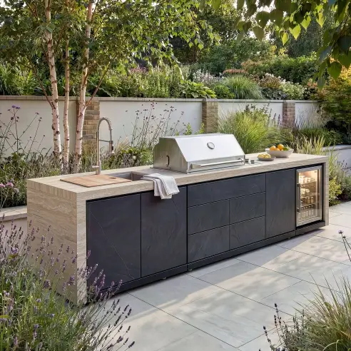 Monarch Linear Outdoor Kitchen - 4 Burner Gas Grill, Sink & Single Fridge