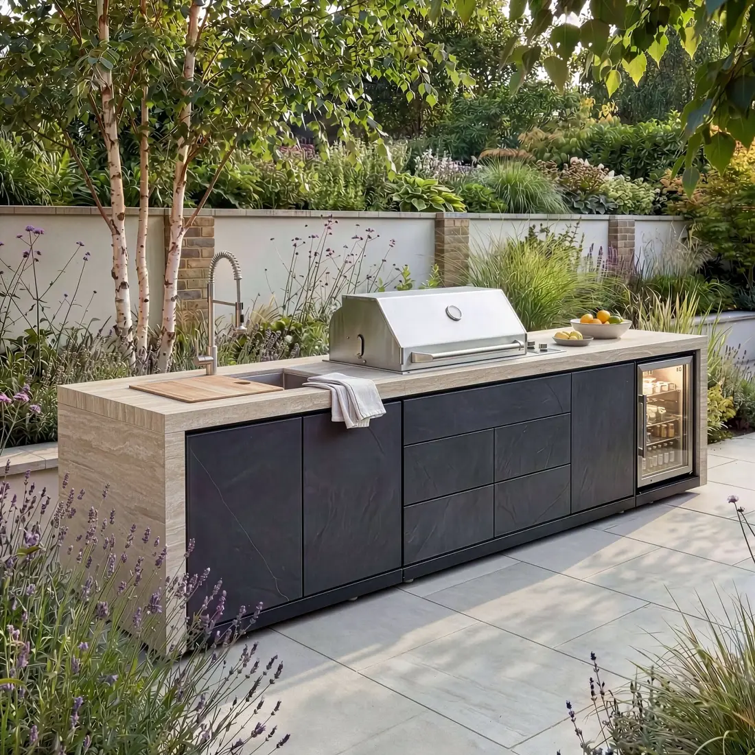 Monarch Linear Outdoor Kitchen - 4 Burner Gas Grill, Sink & Single Fridge